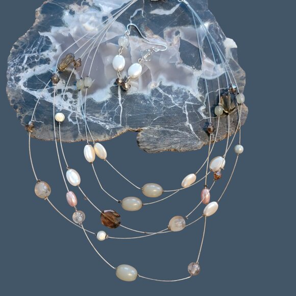 Beaded Necklace & Earring Set w Silver, White, and Amber Colors - Picture 3 of 13